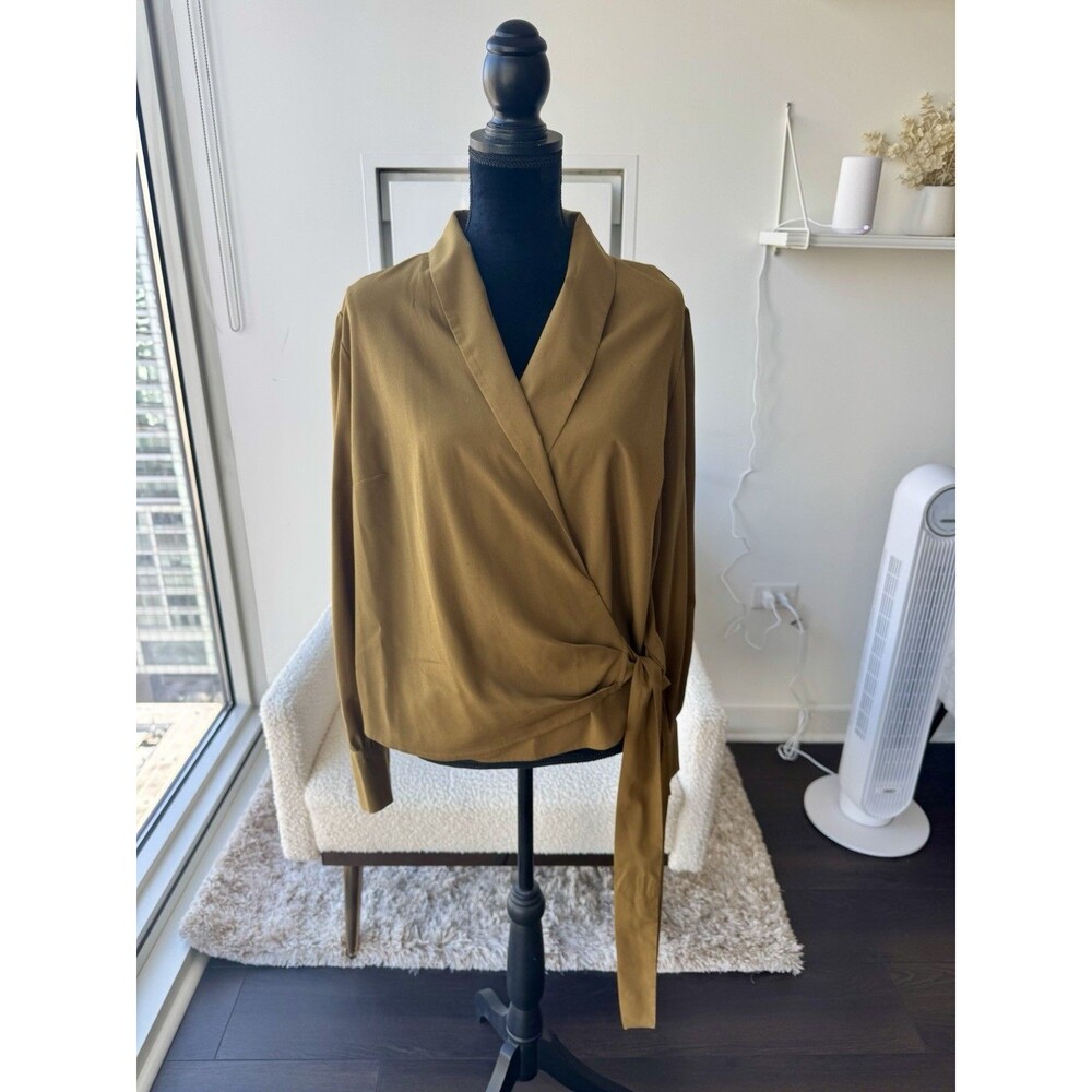 A New Day Olive Green Wrap Tie Front Long Sleeve Top Size Large